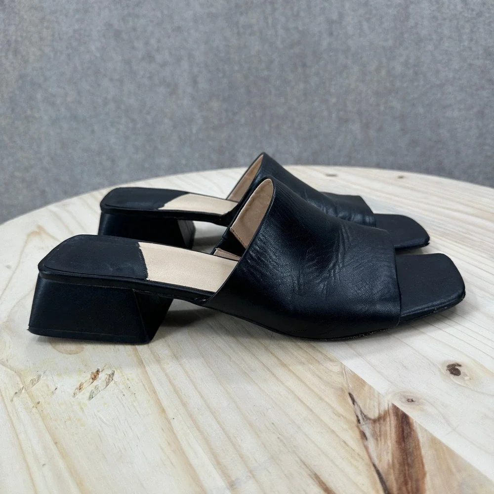 Y2K Sandals Womens 10M Black Leather Square Toe Low Block Heel Mules